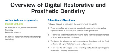 Overview of Digital Restorative and Prosthetic Dentistry